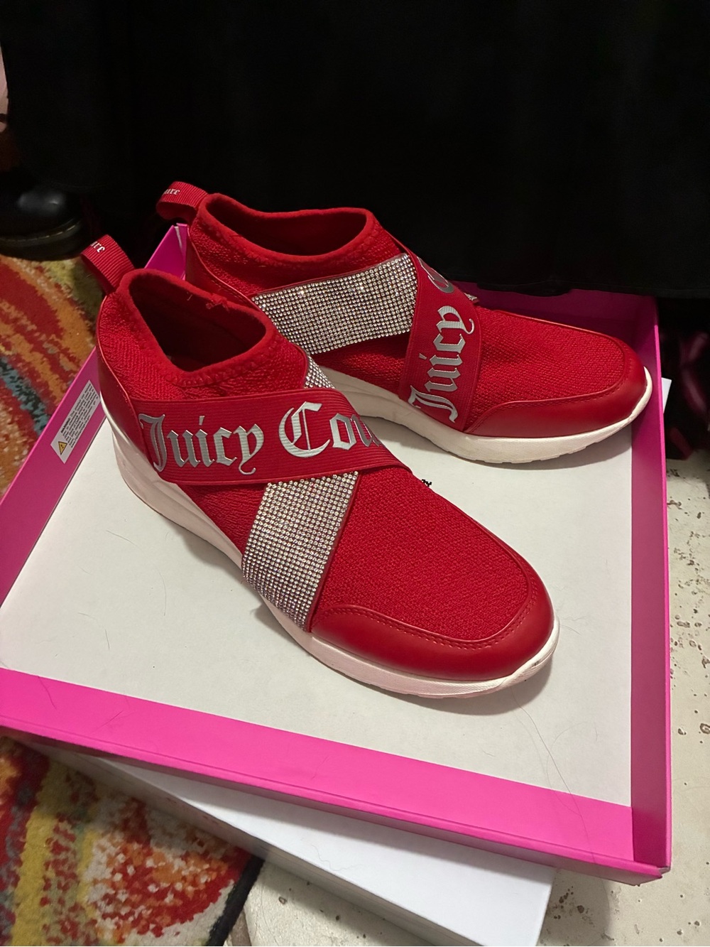 Juicy Couture Women's Red Slip-On Sneakers with Crystal Cross Strap